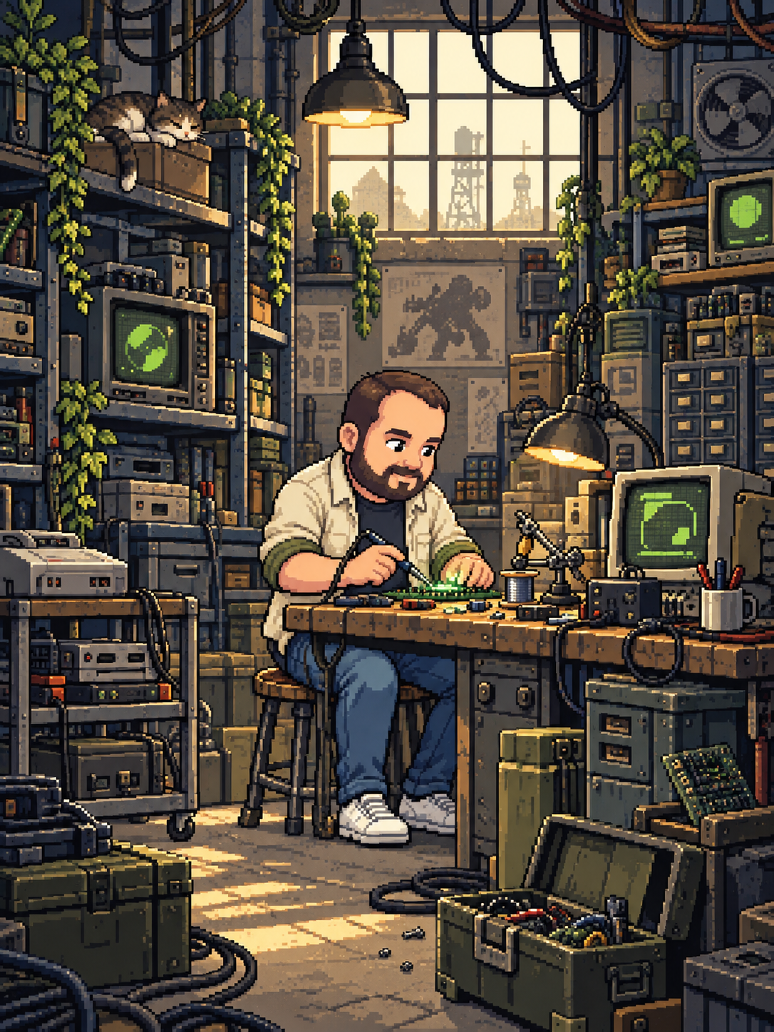 Personagem artístico do Shiu construindo em seu laboratório pixel