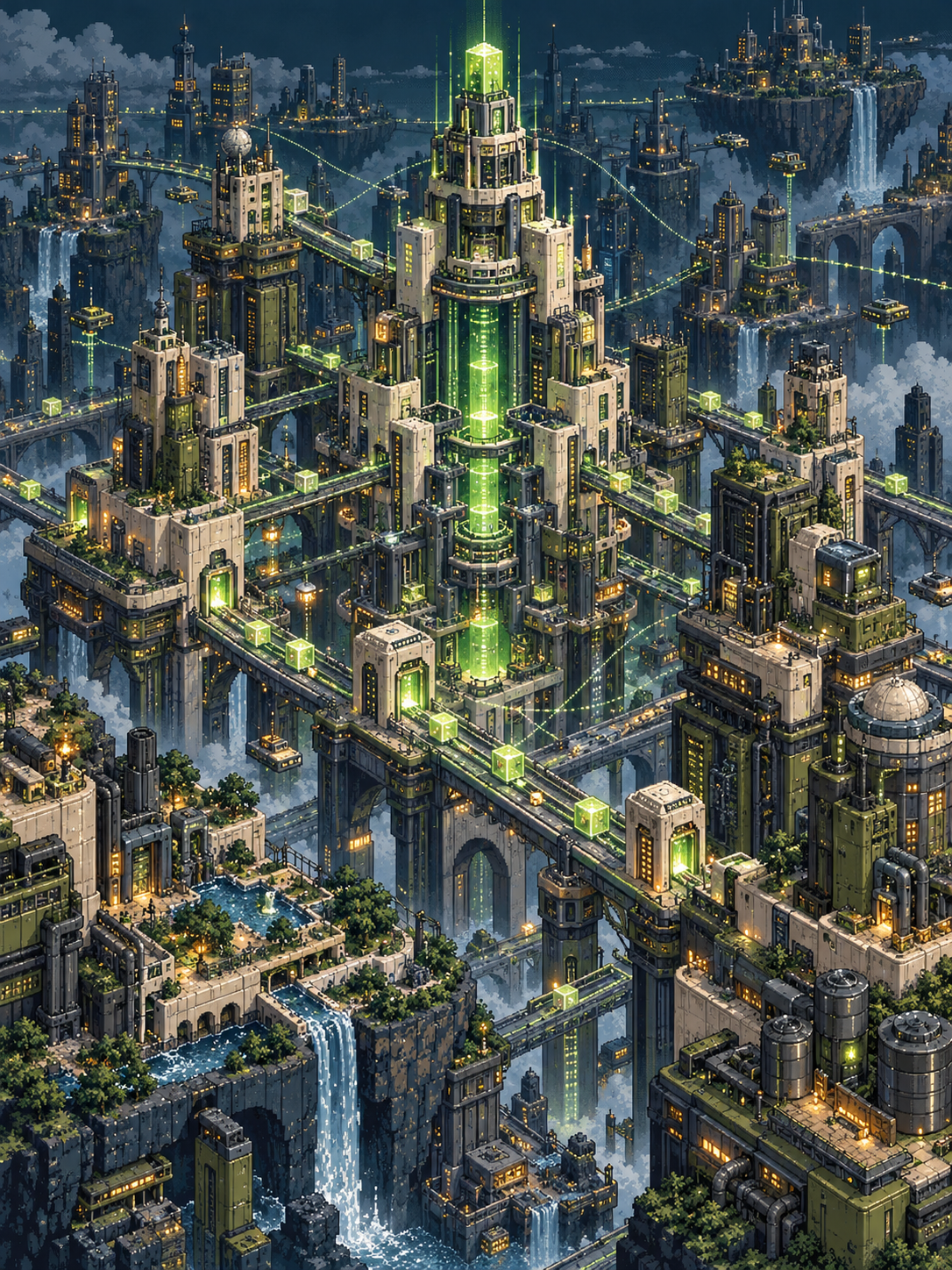 Metrópole de dados e conexões em pixel art