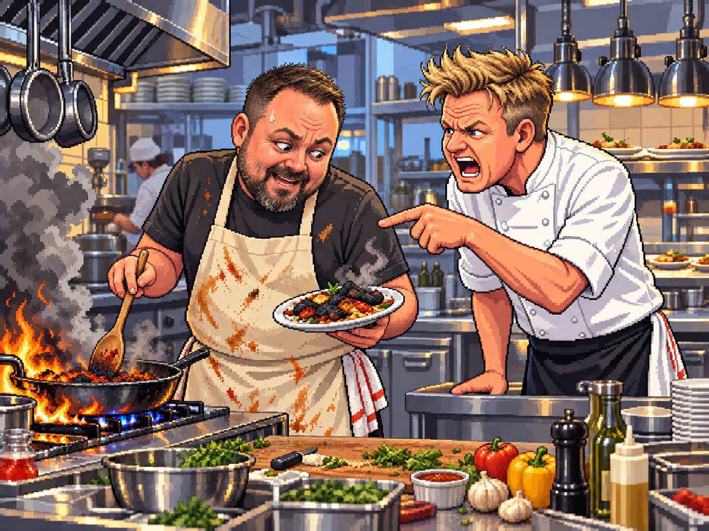 Shiu cozinhando enquanto Gordon Ramsay reclama do prato