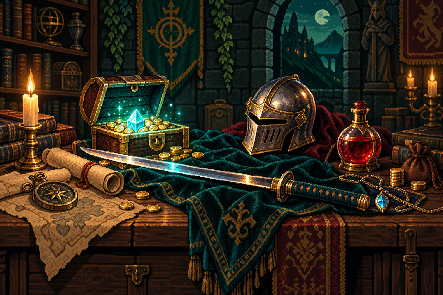 Arte em pixel art de um baú, uma espada, um elmo e uma poção sobre a mesa de um explorador